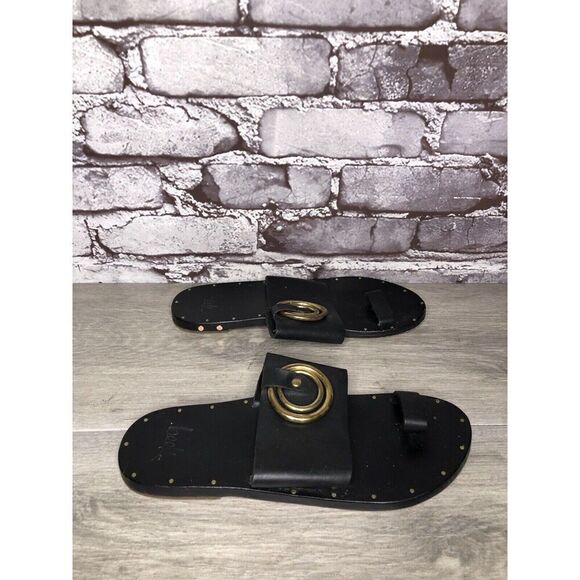 Beek Black Leather Handmade Gold Toe Ring Flats Sandals Women Sz 7M US/38EU - Picture 6 of 16